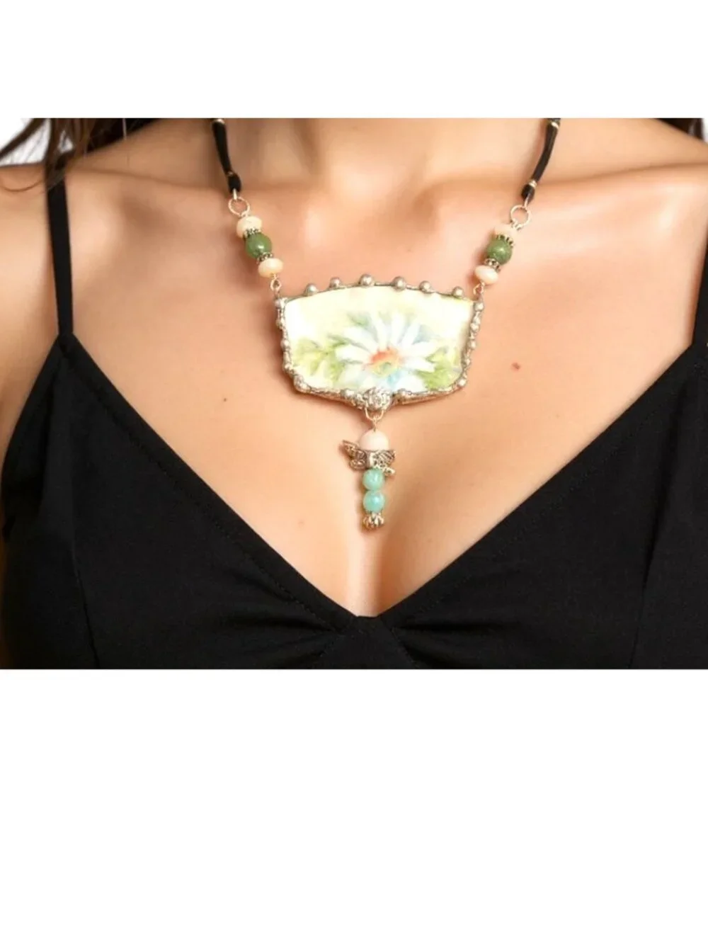 Broken China Daisies Pendant Jade Dragonfly Moonstone & Green Aventurine Leather
